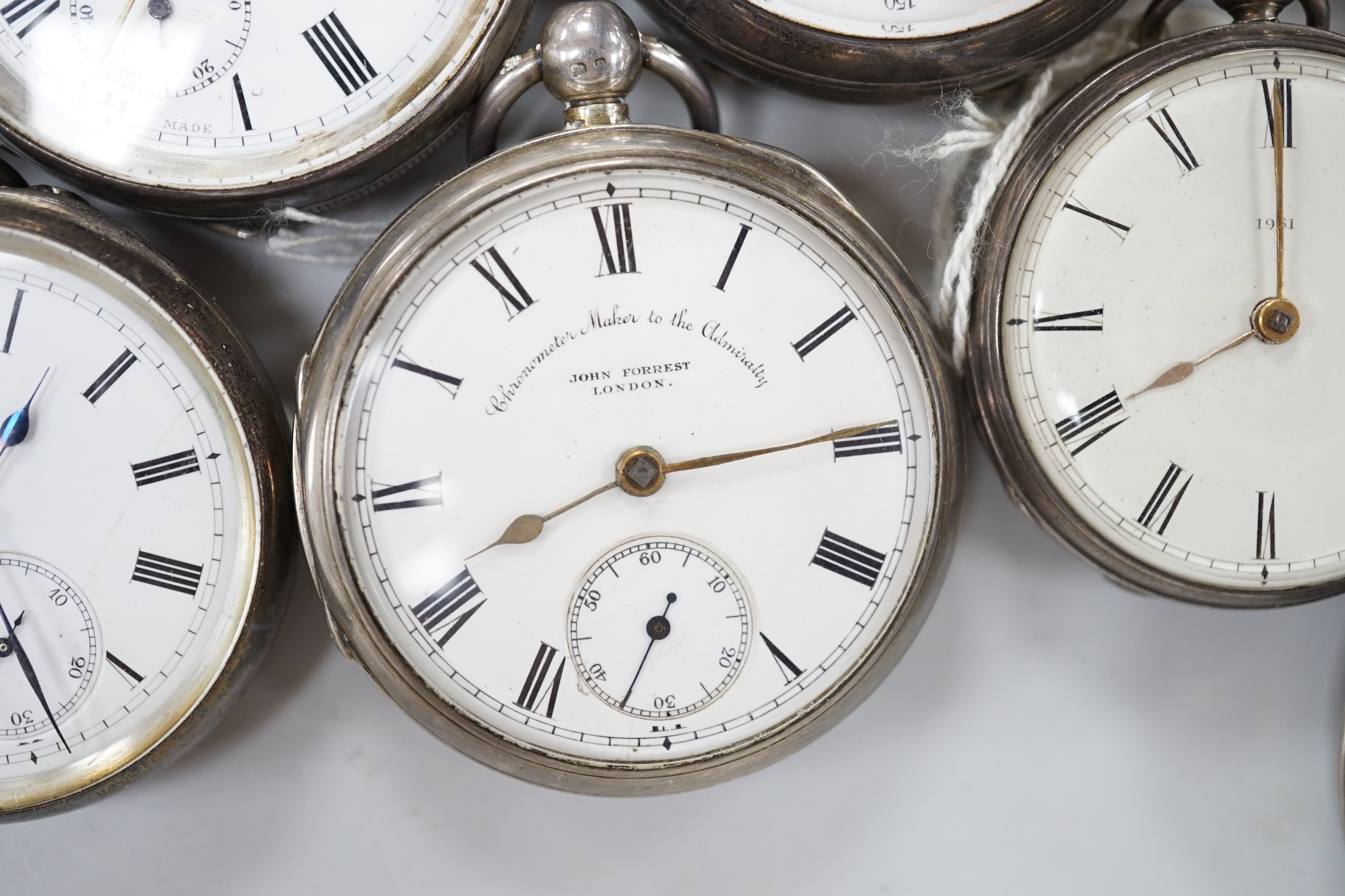 Ten assorted silver or white metal pocket watches including Sir John Bennett and Acme Lever.